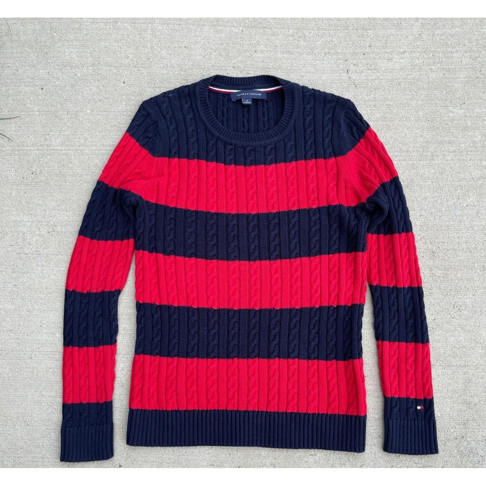 Tommy Hilfiger Womens Cable Knit Sweater Navy Blue Red Striped Pullover Medium